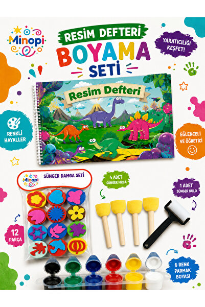 Minopi Parmak Boyası Resim Defteri 12 Li Eva Baskı Ponpon Fırça Sünger Rulo F...