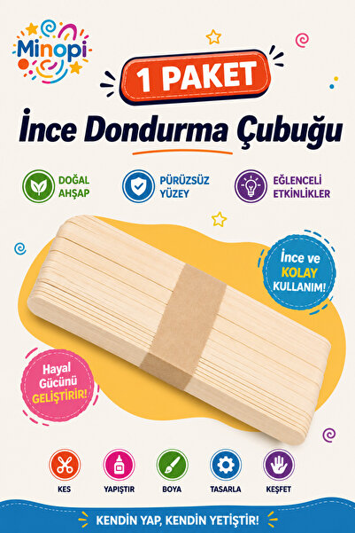 Minopi 1 Paket Natural İnce Dondurma Çubuğu Paketi 50'li Abeslang Tahta Dil Ç...