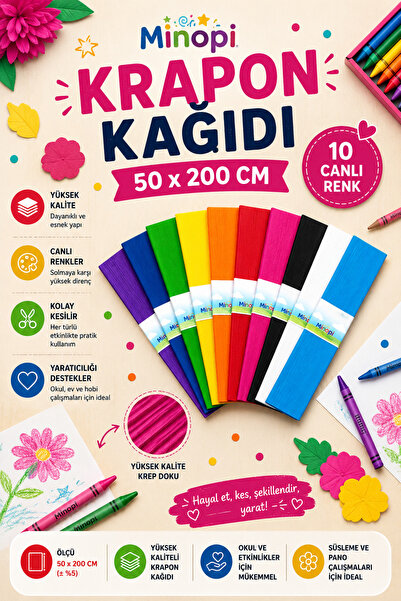 Minopi Krapon Kağıdı 10'lu Paket Renkli El İşi Kağıdı Okul Anaokulu Süsleme