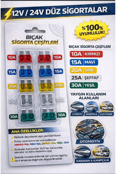 DuoLight 10'lu Bıçak Sigorta Seti 10A-30A 12V/24V Araç Uyumlu Renk Kodlu Yüksek