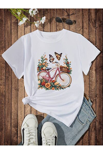 Pink Sky Bicikl i cveće Štampano T-shirt velika veličina