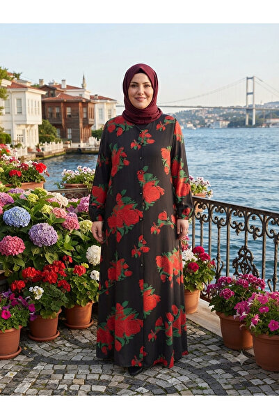 Trktn Büyük Beden Anne Elbisesi Çiçek Desenli Viskon Uzun Tesettür Elbise