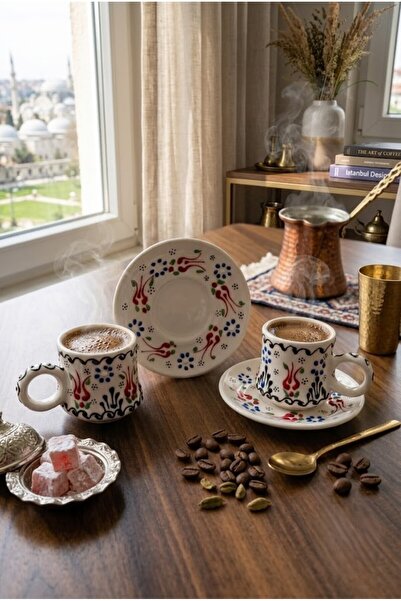 Handmade طقم فناجين قهوة تركية تقليدية مصنوعة يدويًا بنمط البلاط الصيني