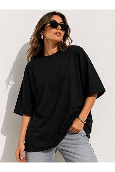 POLYMOOD Kadın Oversize %100 Organik Pamuk Yuvarlak Yaka Bol Kesim T-Shirt