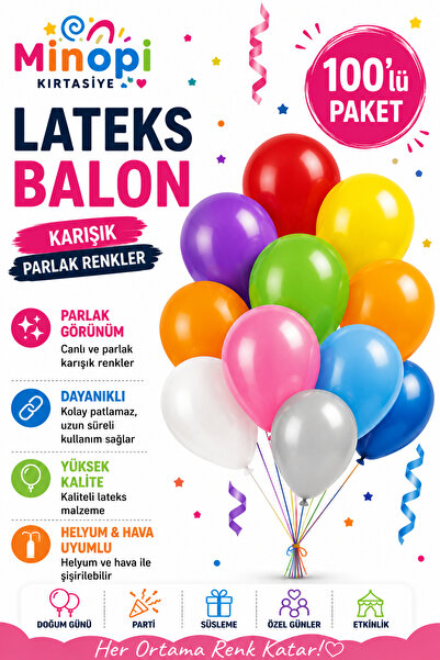 Minopi Karışık Balon Desensiz Renkli Lateks Balon Normal Ebat 100'lü Paket