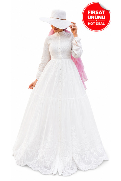 Muslima Wear Perla Bianca Çiçek Desenli Inci Düğme Detaylı Kadın Elbisesi