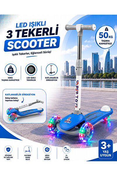 POZART GTpro Çocuk Scooter Katlanabilir 3+Yaş 3Tekerli Led Işıklı 50Kğ Kapasite