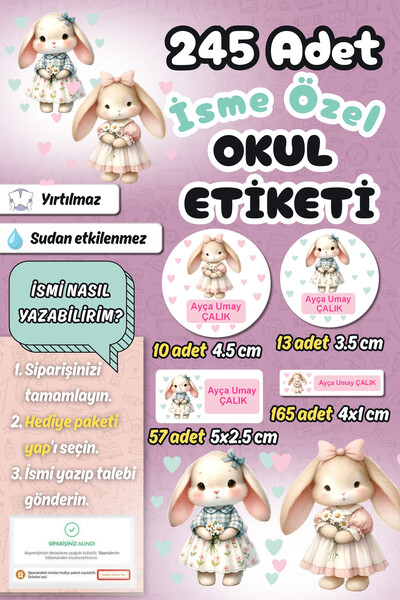 Sticker Ekspres Okul Etiketi Sevimli Tavşanlar Kalem Defter Etiketi Özel İsim...