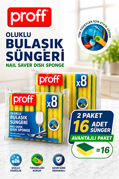 Proff Klasik Oluklu Bulaşık Süngeri 16 Adet (8'li 2 Paket)