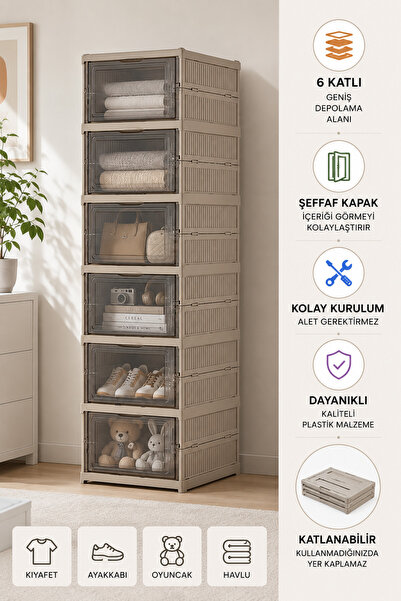 Myplas 6 Katlı Portatif Kapaklı Saklama Dolabı Katlanır Plastik Ayakkabılık O...