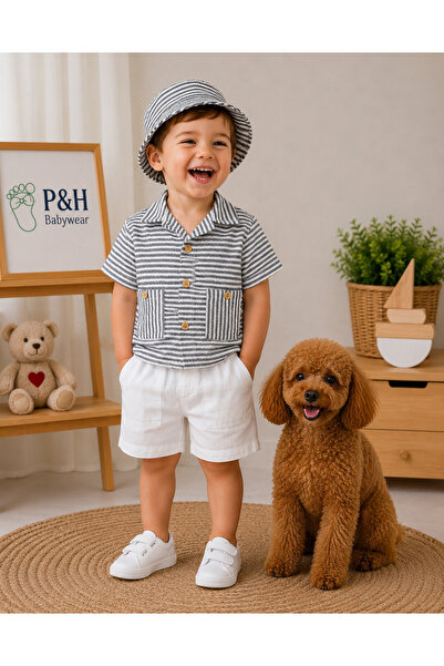 P&H BABYWEAR طقم صيفي للأولاد الصغار مكون من 3 قطع مع قبعة سفاري وشورت من الم...