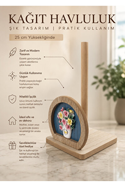 e-life shop Ahşap Kağıt Havluluk Dekoratif Mutfak Tezgah Üstü Vazo Çiçek Figü...