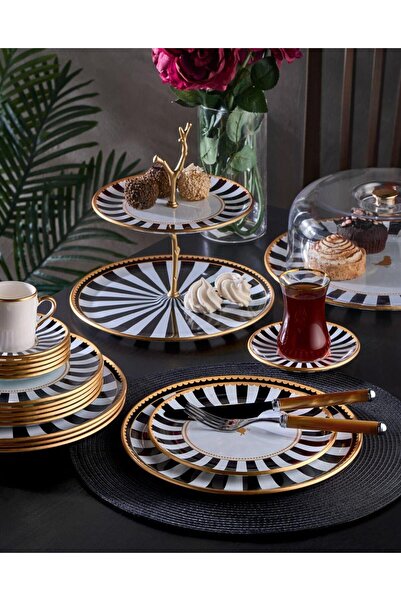 Onedekor 34 Parça Iwon Black Bird Altın Yaldızlı 6 Kişilik Pasta Çay Servis İ...