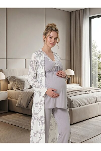 Lohusa Dünyasi Women's Gray Lace Patterned New Season 3-Piece Maternity Pajam...