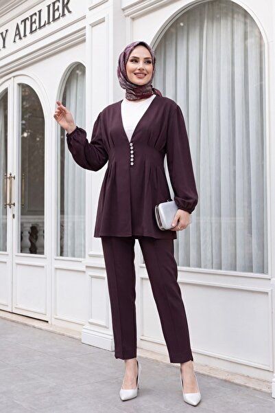 Modamorfo Stoned Buttoned Elastic Sleeve Double Trouser Suit -K. Burgundy