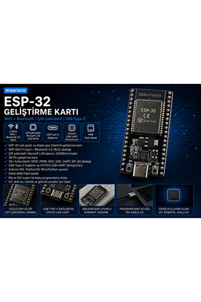 ESP -32 WiFi + Bluetooth Geliştirme Kartı (Type-C + CP2102) – USB Kablo Dahil