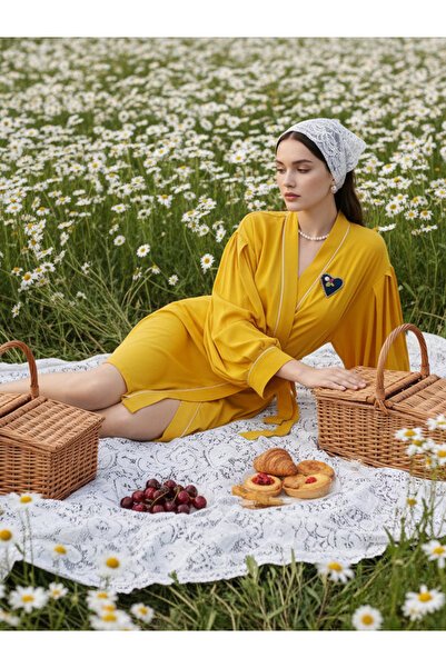 Magic BAlance Kalp Broş Detaylı Sarı Viskon Kadın Kimono | 888Balance