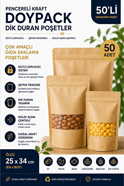DOYPACK Kraft Stand-Up Packaging Bags – 50-Piece Doypack, Transparent Window,...
