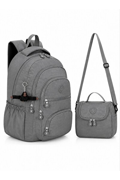 ÇANTAM GELSİN Set of 2 Crinkle Fabric School Backpack + Lunch Bag, with Monke...