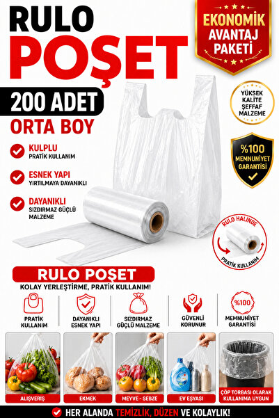 OPTİMEX Şeffaf Kulplu Rulo Poşet 200 Adet Orta Boy Dayanıklı Esnek Market Man...