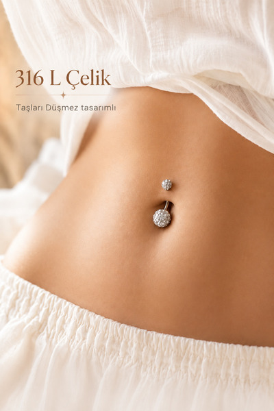 Sacce Scarves&Accessories Gümüş Renk Işıltılı Top Çelik Göbek Piercing