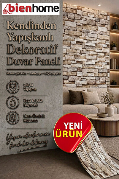 Bien Home Yeni Taş, Açık Kahve 0,54M² 3d Kendinden Yapışkanlı Kaplama Panel K...