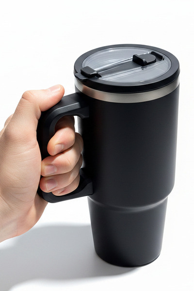 VİBEFLASK 900 ml Siyah Termos Mug - Şeffaf Kapaklı Siyah Pipetli 304 Paslanma...