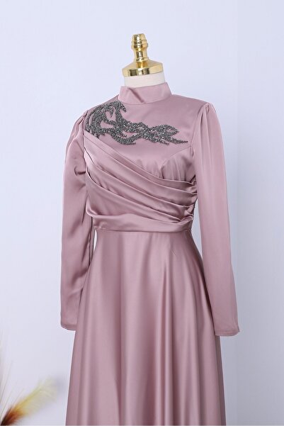 Modamorfo Evening Dress with Stone Collar and Draped Front - Pink