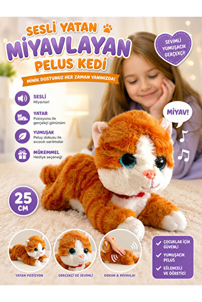 TRUST STORE Sesli Yatan Miyavlayan 25 cm Peluş Kedi Oyuncak