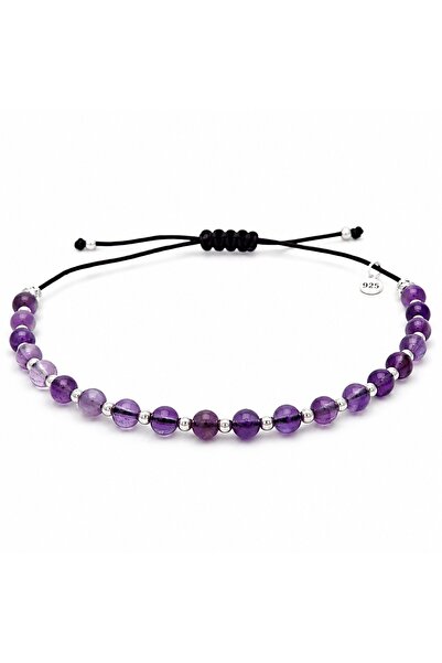 Safir Jewellery Ametist Doğal Taşlı 4mm - 925 Ayar Gümüş Toplu Makrome Örgü İ...