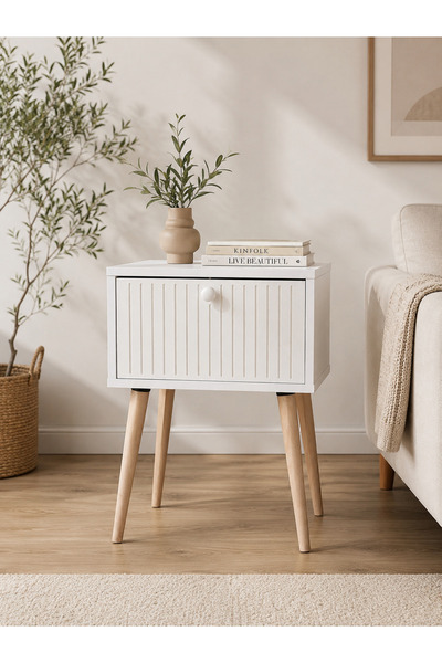 enwood CANOPUS MDF BEYAZ AHŞAP AYAKLI TEK KAPAKLI KOMODİN