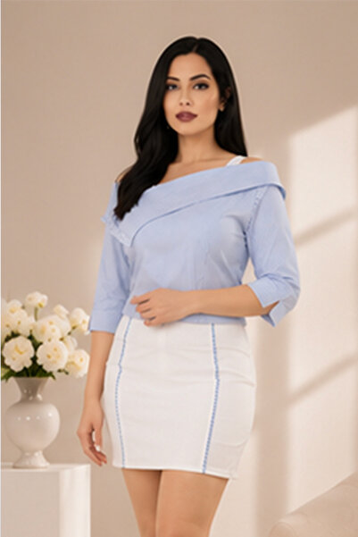 FIRST STYLE طقم تايور تركي أنيق ببلوزة مقلمة باللون الأبيض والأزرق الفاتح بتص...