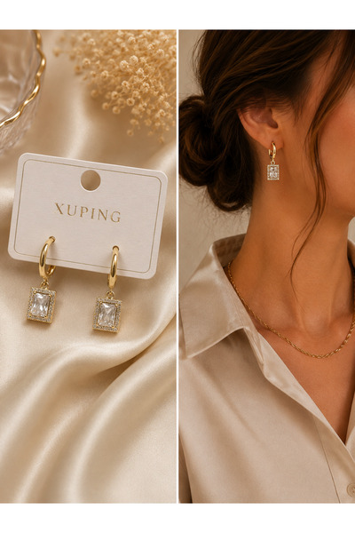 JEWELERY Altın Rengi Kararma Yapmaz Baget Zirkon Taşlı Sallantılı Küpe – Günl...