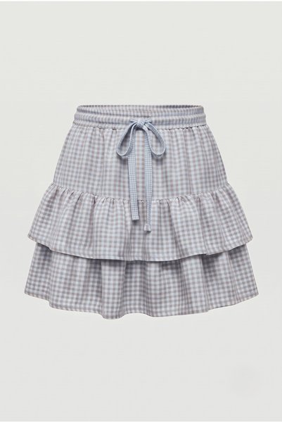 WeShaya Women's Blue Gingham Patterned Layered Ruffle Shorts Skirt with Elastic Waist 100% Cotton Mini Skirt