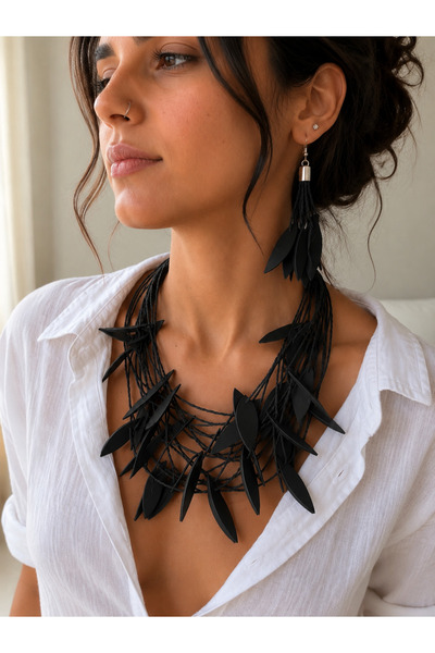 Kutcha Accessories Leaf Detailed Bohemian Necklace and Earring Set Handmade C...