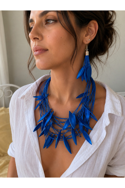Kutcha Accessories Leaf Detailed Bohemian Necklace and Earring Set Handmade C...