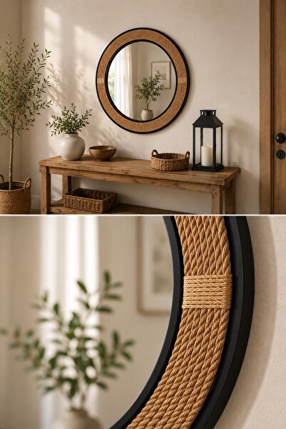 DFN WOOD Siyah Çerçeveli 87 Cm Jut Halatlı Yuvarlak Dekoratif Duvar Salon Ban...