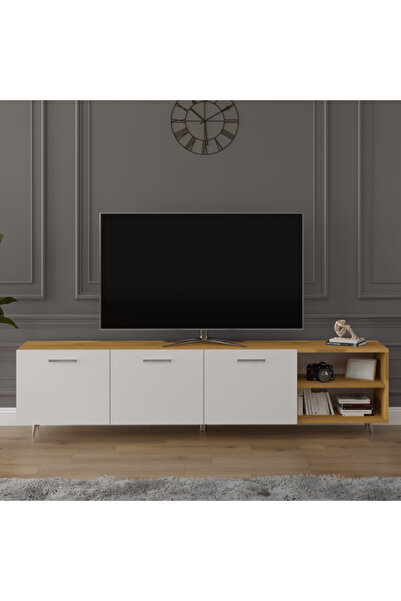 asratrend Modern TV Ünitesi %100 MDF Kapaklı Ahşap Ayaklı Televizyon Sehpası ...