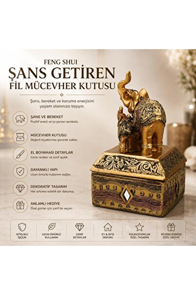 e-life shop Feng Shui Şans Getiren Fil Biblo Mücevher Kutusu 14 Cm Takı Organ...