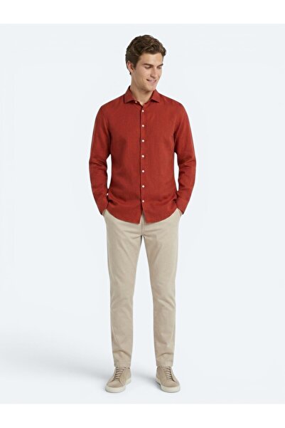 Kip Kiremit Düz Regular Fit Long Woven Casual Cotton Blend Shirt