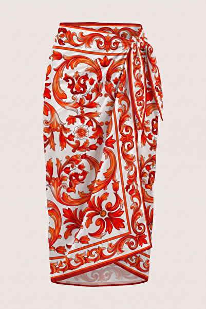 Red Baroque Patterned Beach Beach Pareo - Shiny Fabric without Interior - 75x155 cm
