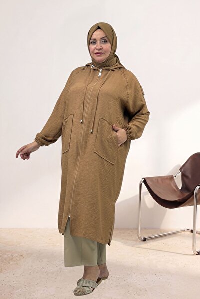 Eslina 53010 Large Size Zippered Raglan Sleeve Menanj Linen Cap - Tan
