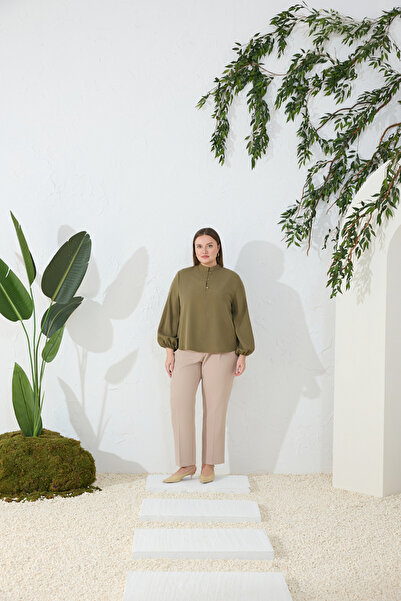 Aker Khaki Stand Collar Blouse with Brit Detail