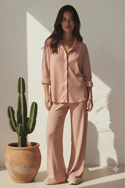 NO 601 Women's Salmon Pink Oversize Wrinkled Fabric Shirt Salmon Pink Wide Le...