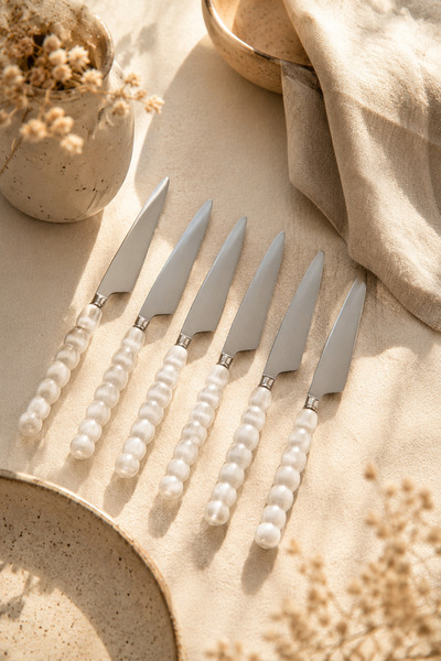 Anadolu Saray 6 Pieces White Plastic Silver Dinner Knife Set with Pearl Stone...