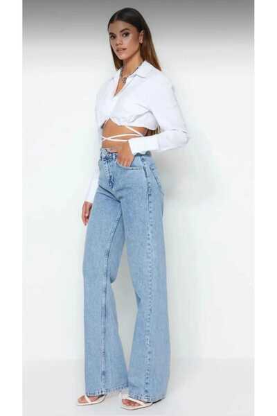 DRC trend Wans 90's Snow Wash Blue Lycra Super High Waist Loose Jeans Palazzo...