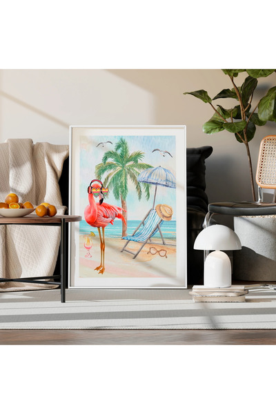 MallDeco Tablou Canvas Modern Flamingo pe Plaja, Pictat Manual, cu Ramă PS