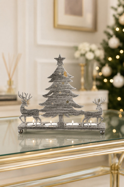 ANGDESİGN Metal 4’lü Tealight Yılbaşı Mumluk – Dekoratif Ağaç Geyik Silüetli-...