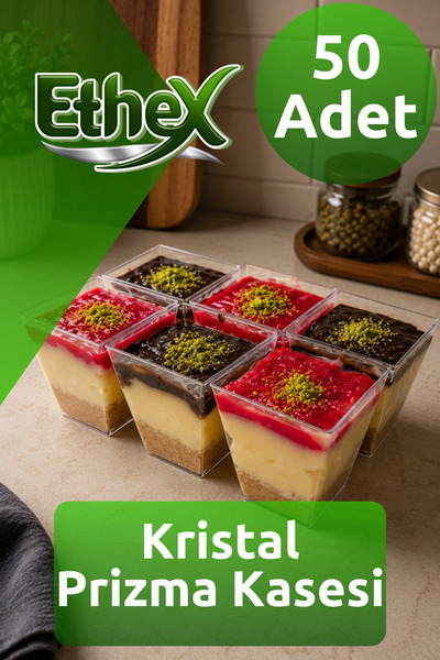 Ethex 50’li Plastik Prizma Kap 200 cc Düz Kapaklı Mika Kristal Tatlı Kasesi
