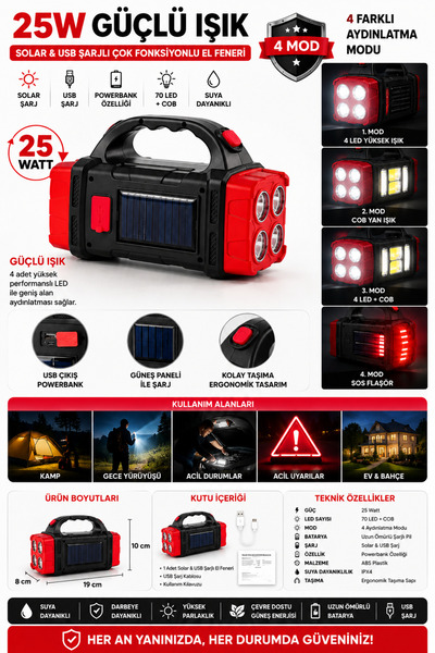 TİVENS Güneş Enerjili Solar Şarjlı 25W Aydınlatma Cihazı 4 Kamp El Feneri Mas...